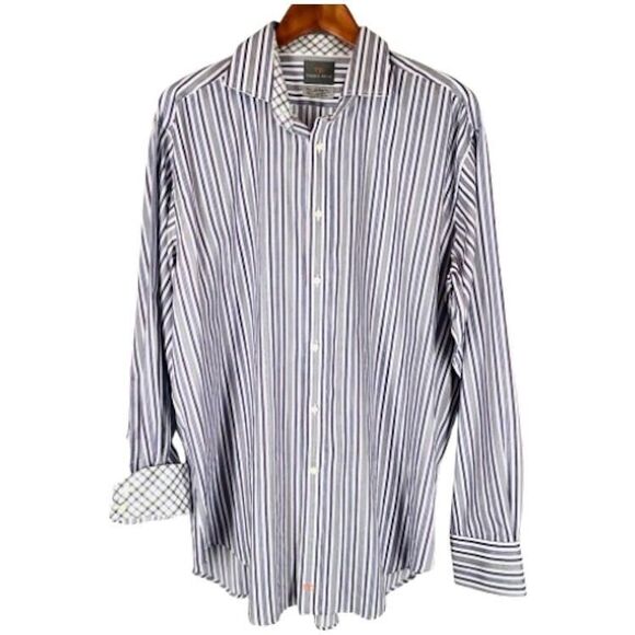 Thomas Dean Dress Shirt Size XL White Purple Grey Stripes Flip Collar Cuffs TD - Picture 1 of 8